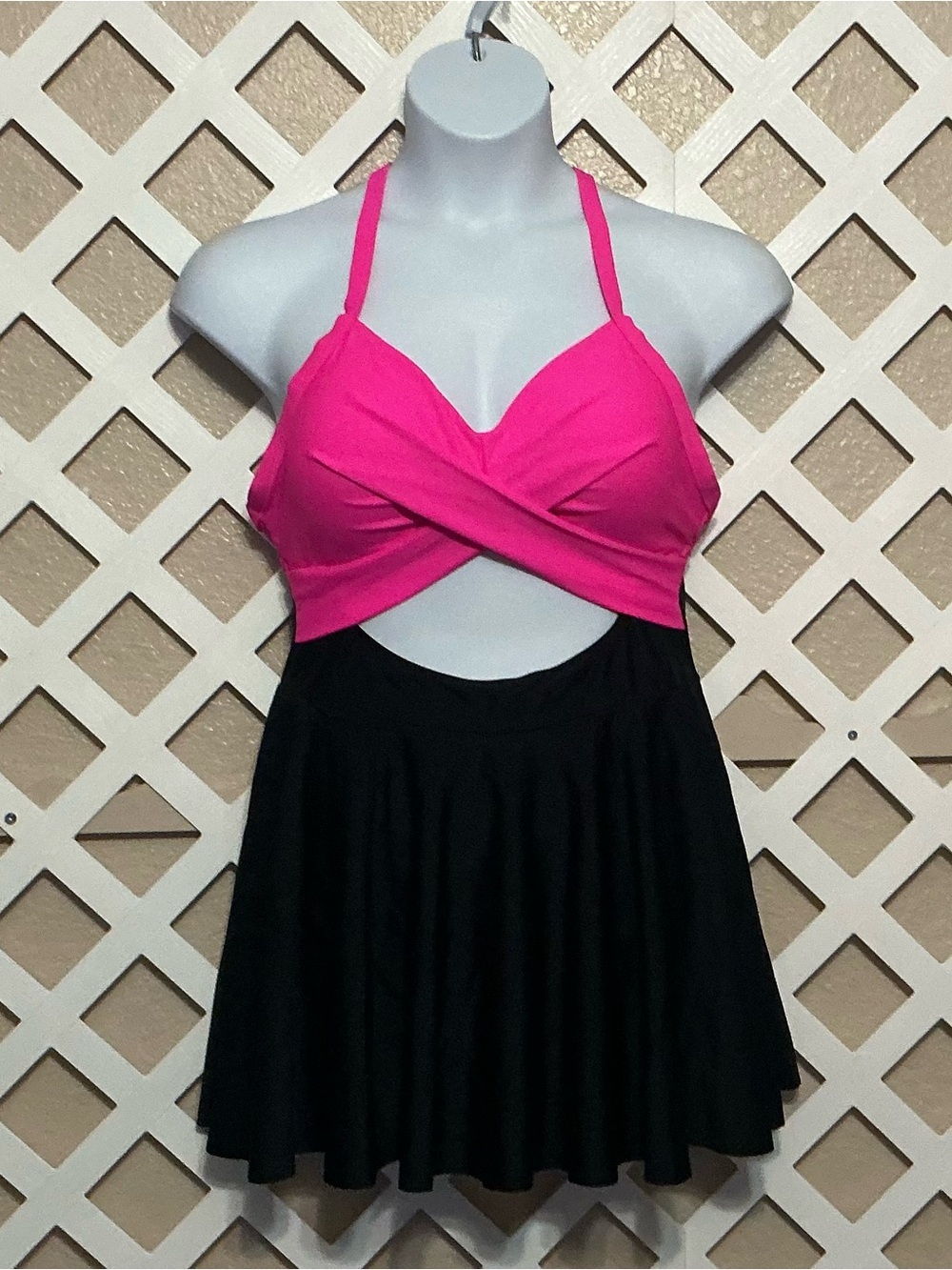 Hot Pink & Black Swim Dress with Twist Front & Cutout
